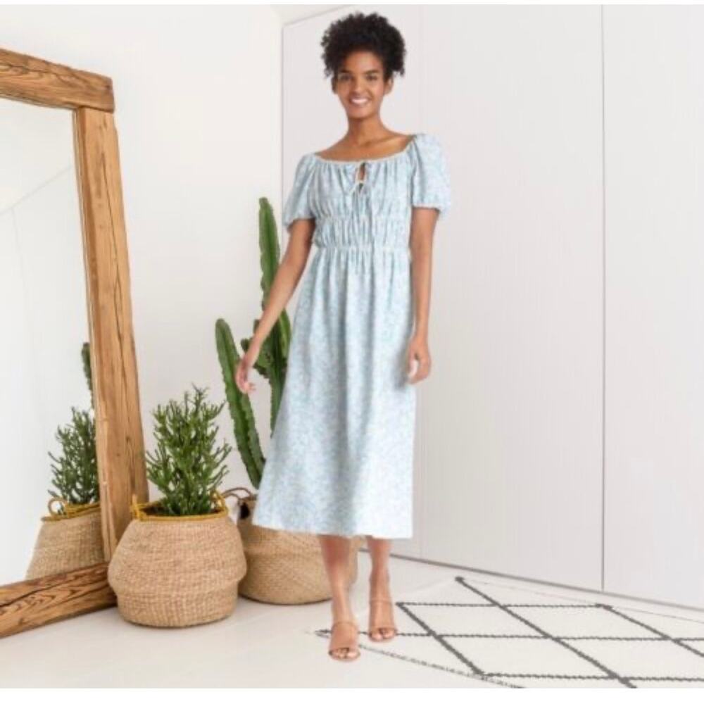 New Who What Wear FloralSmocked Midi Dress Puff Sleeve